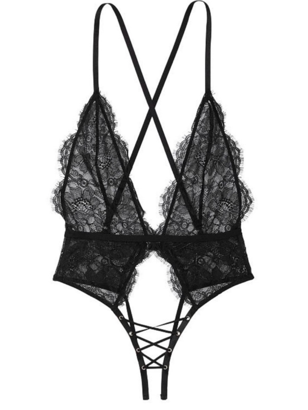 Victoria's Secret Lacy Lace-Up Crotchless Teddy Black M Medium NEW VS Lingerie
